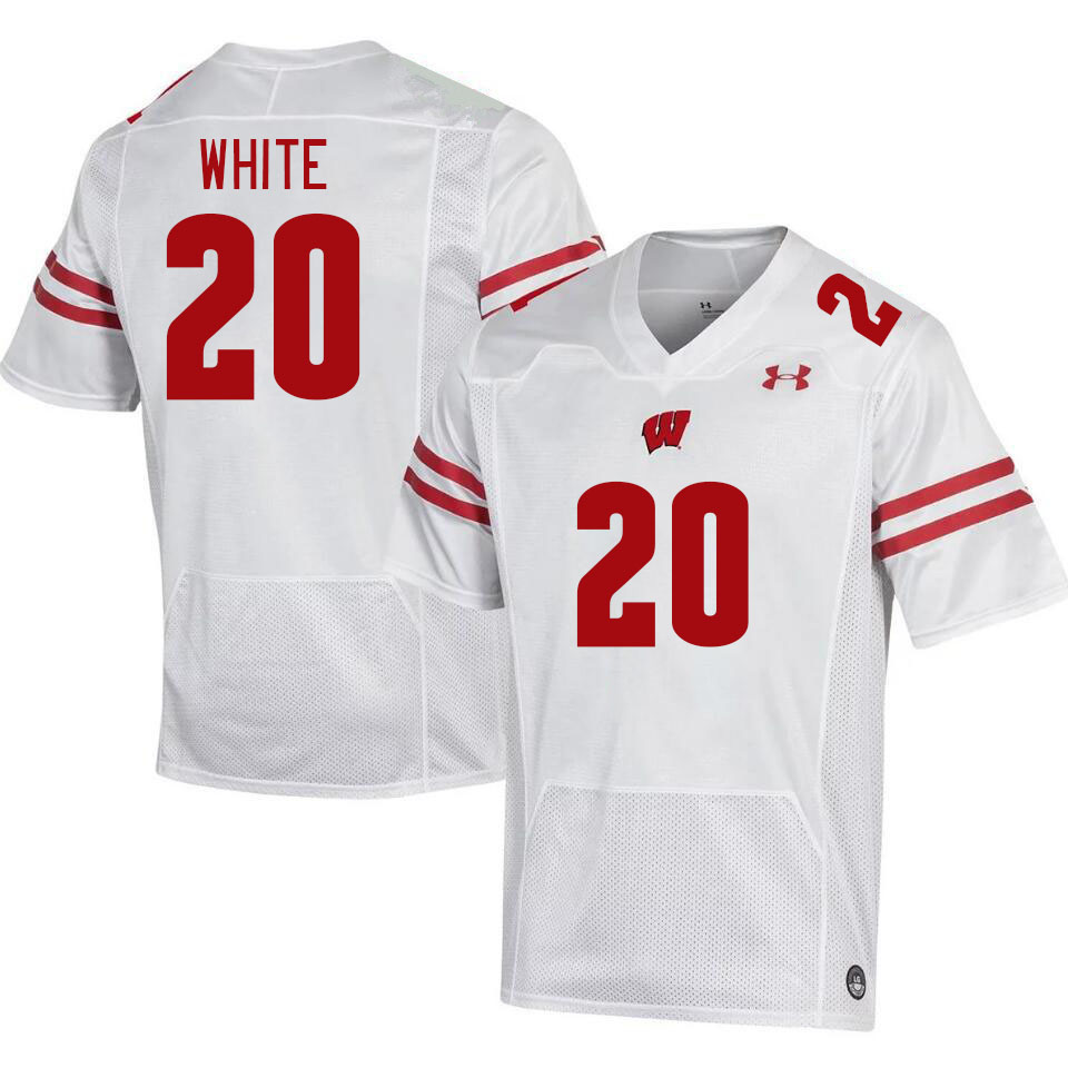 Men #20 Nate White Wisconsin Badgers College Football Jerseys Stitched Sale-White - Click Image to Close